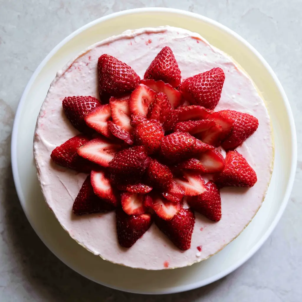 Slice of homemade strawberry cake topped with whipped cream and fresh strawberries.