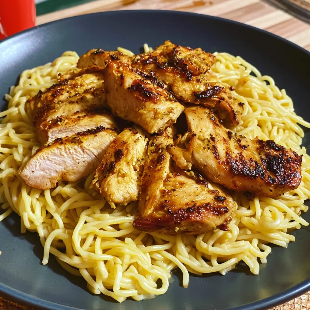 A delicious plate of Garlic Butter Chicken Pasta topped with tender chicken and herbs.