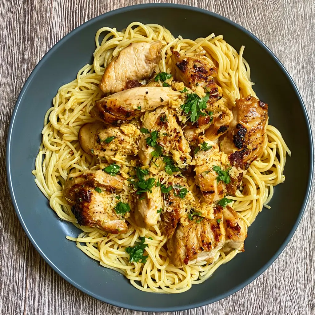 A delicious plate of Garlic Butter Chicken Pasta topped with tender chicken and herbs.