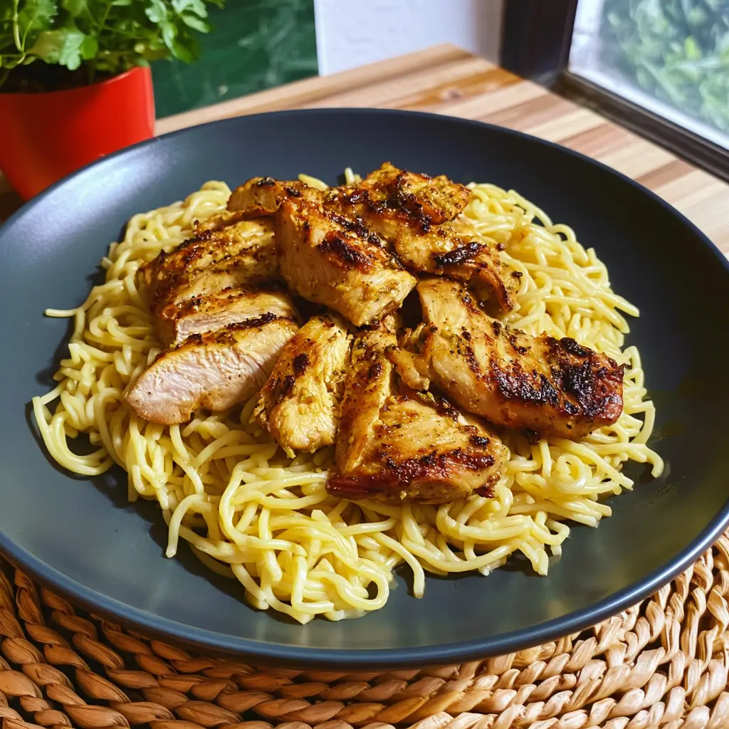A delicious plate of Garlic Butter Chicken Pasta topped with tender chicken and herbs.