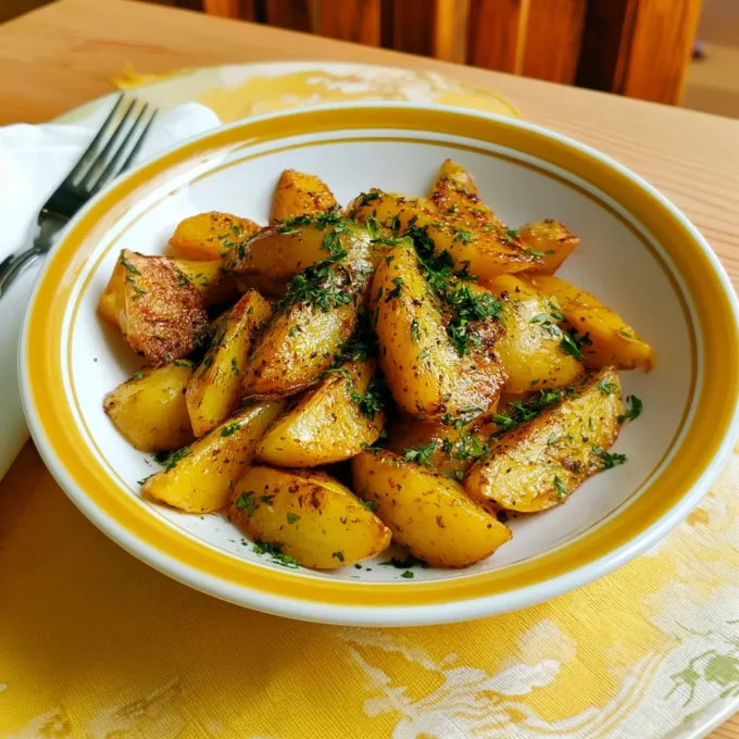Crispy Greek Lemon Potatoes roasted in lemon garlic broth for a flavorful side dish