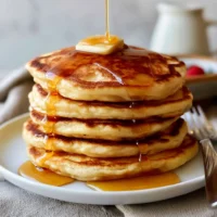 Fluffy pancakes served on a plate with syrup and berries.