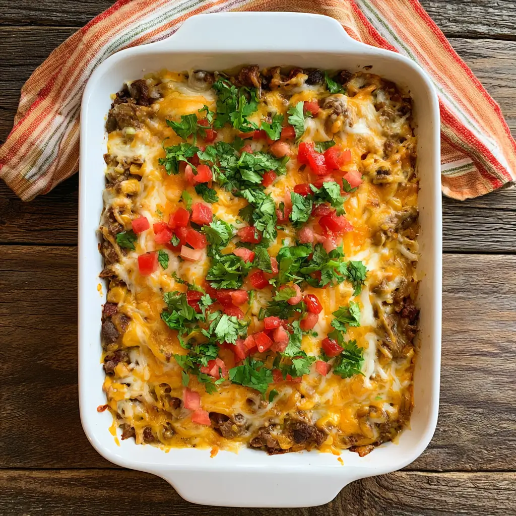 Cheesy Mexican White Trash Casserole with Doritos, ground beef, and melted cheese.