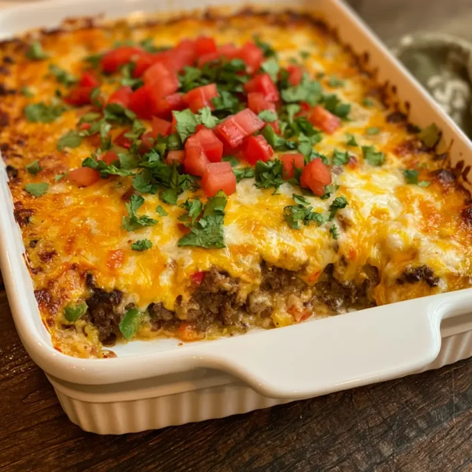 Cheesy Mexican White Trash Casserole with Doritos, ground beef, and melted cheese.