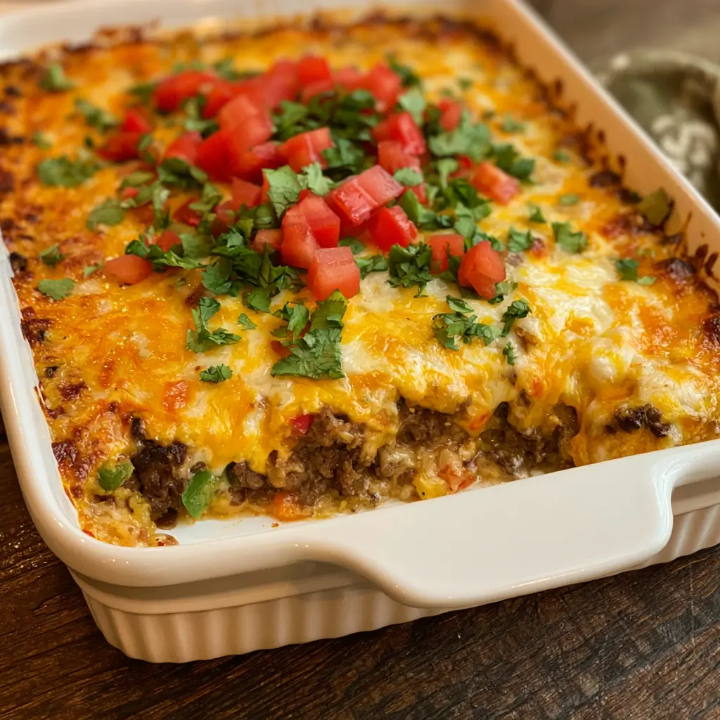Cheesy Mexican White Trash Casserole with Doritos, ground beef, and melted cheese.