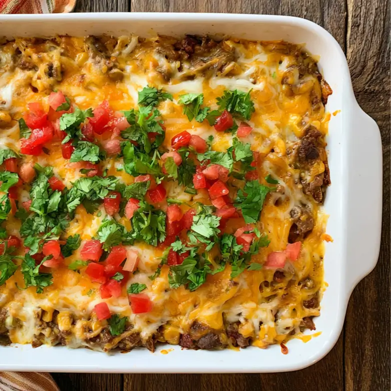 Cheesy Mexican White Trash Casserole with Doritos, ground beef, and melted cheese.