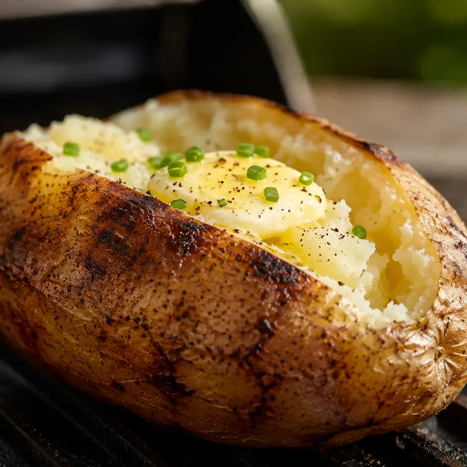 Delicious baked potato on the grill, ready to be served.