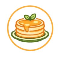 Breakfast recipes icon featuring pancakes with green leaves in orange and green colors