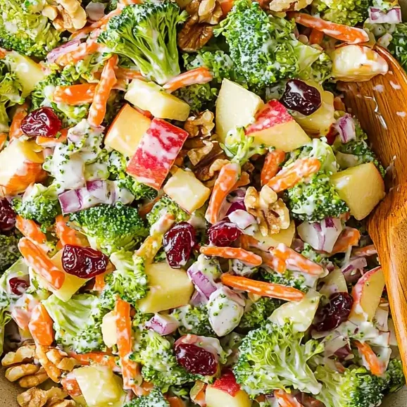 Delicious Broccoli Apple Salad with fresh broccoli florets and sweet apples mixed with cranberries.
