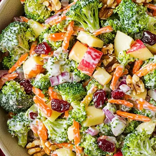 Delicious Broccoli Apple Salad with fresh broccoli florets and sweet apples mixed with cranberries.