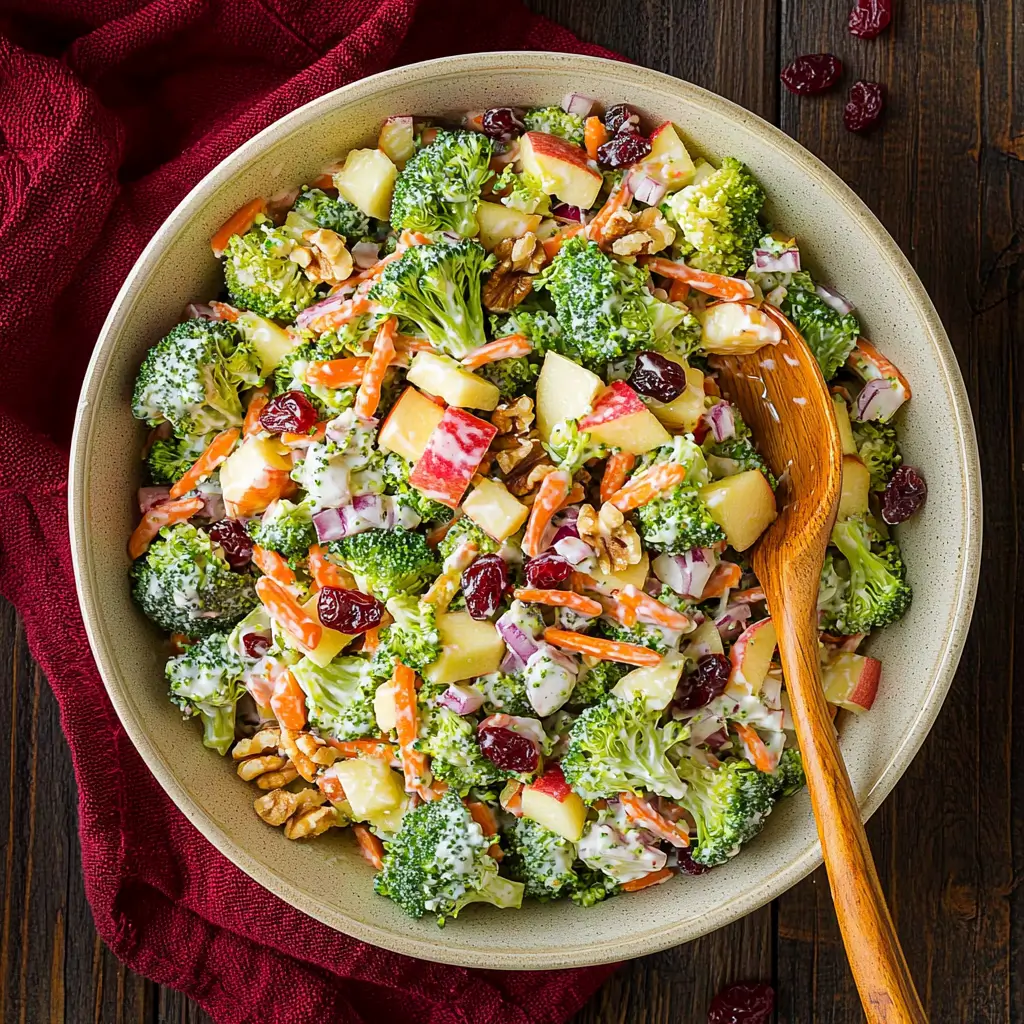 Delicious Broccoli Apple Salad with fresh broccoli florets and sweet apples mixed with cranberries.