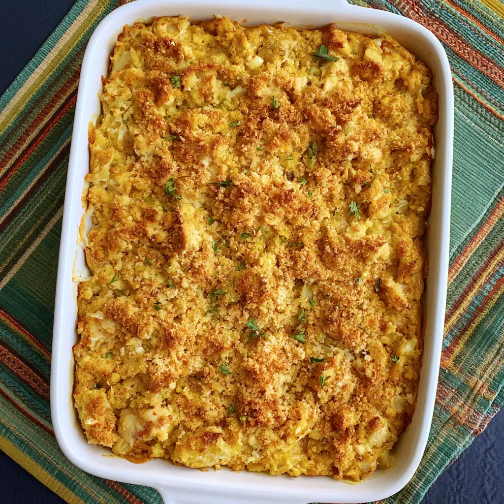 Delicious Chicken and Dressing Casserole with cornbread stuffing and creamy sauce.