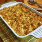 Delicious Chicken and Dressing Casserole with cornbread stuffing and creamy sauce.
