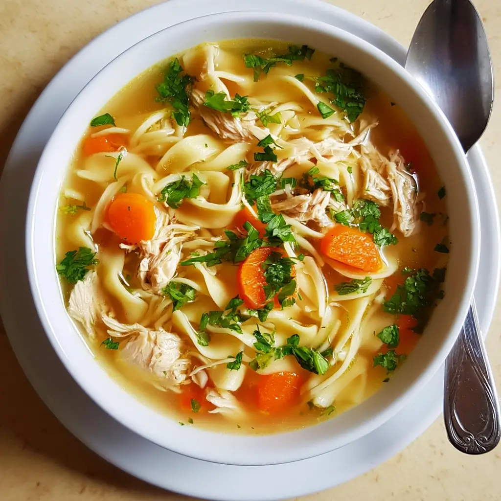 Bowl of homemade Chicken Noodle Soup with vegetables and noodles.