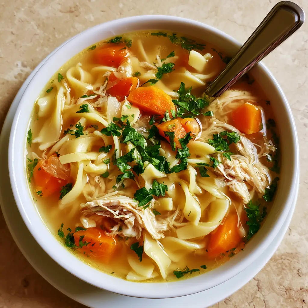 Bowl of homemade Chicken Noodle Soup with vegetables and noodles.