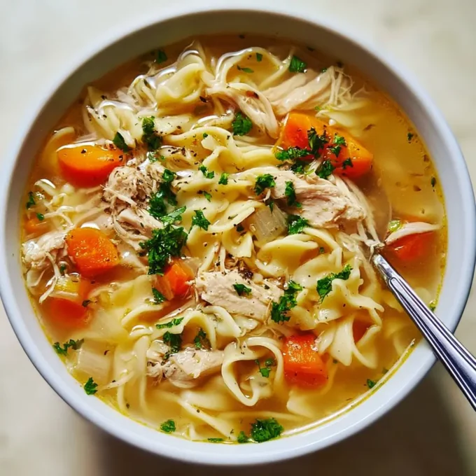 Bowl of homemade Chicken Noodle Soup with vegetables and noodles.