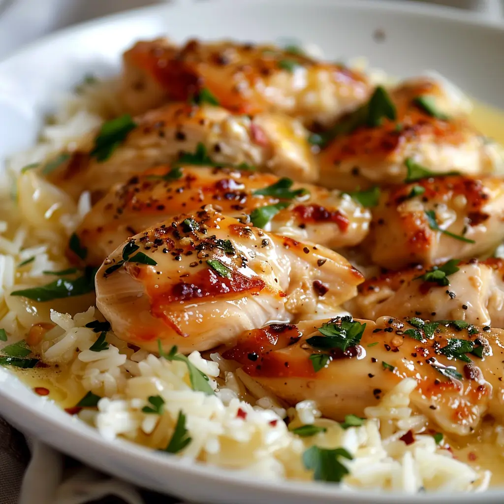 Chicken Scampi with Garlic Parmesan Rice served in a skillet, showcasing creamy rice and seasoned chicken.