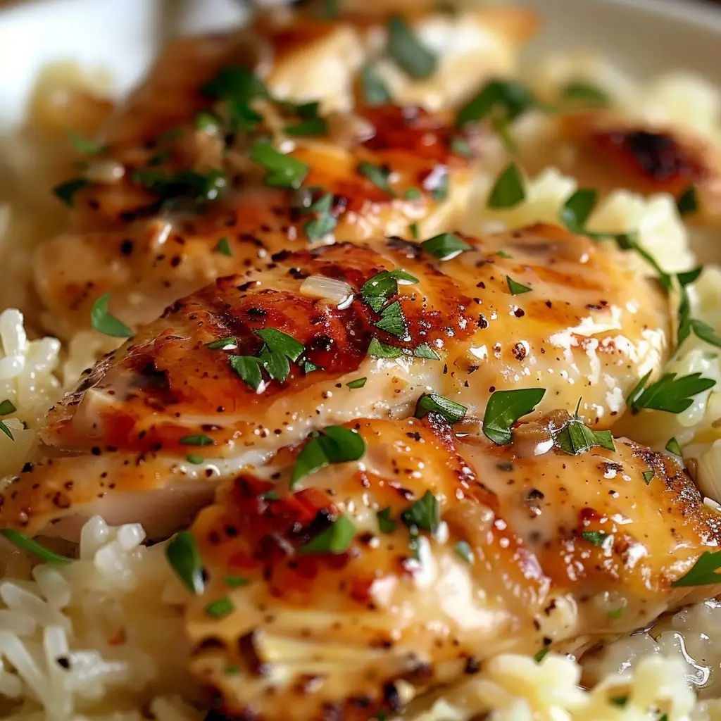 Chicken Scampi with Garlic Parmesan Rice served in a skillet, showcasing creamy rice and seasoned chicken.