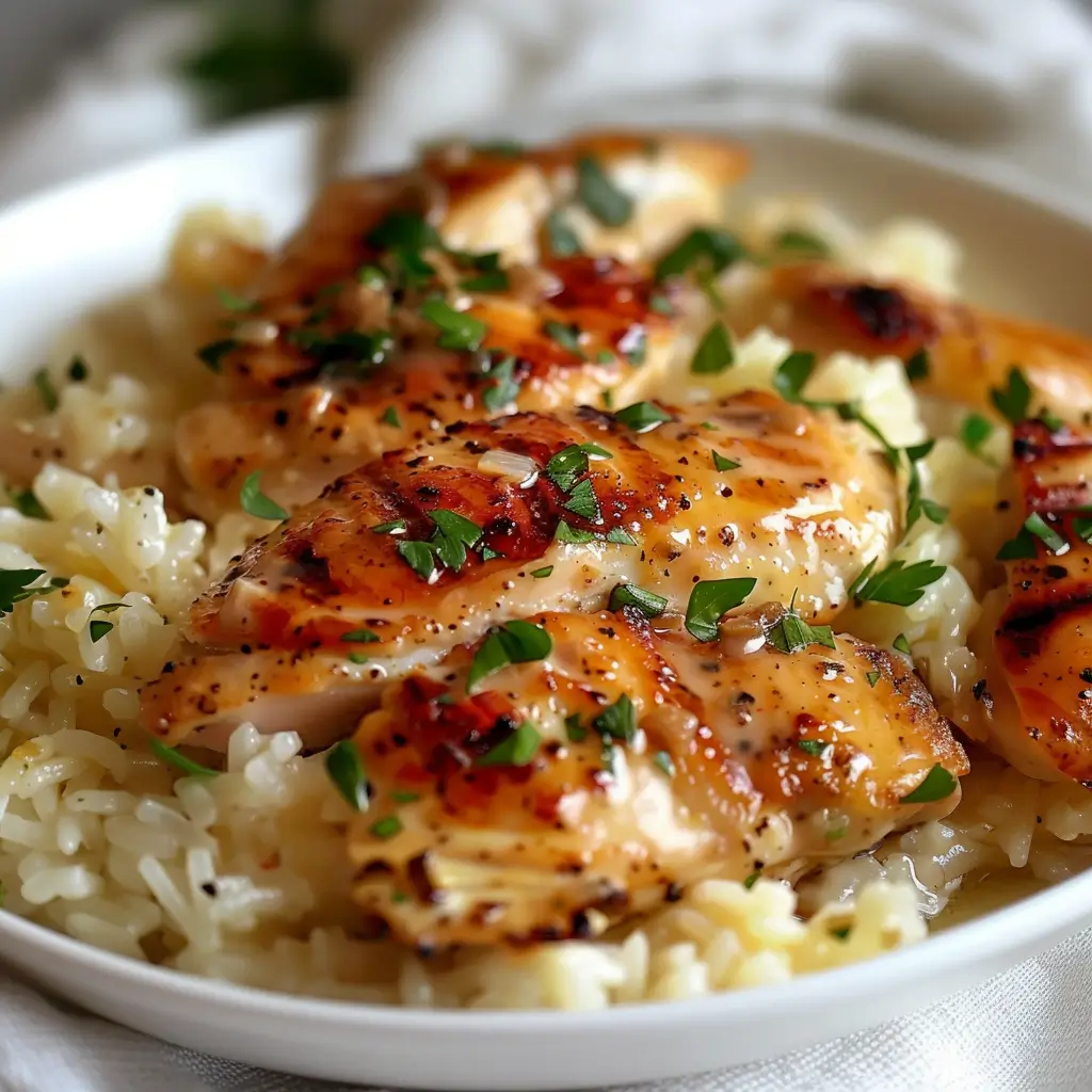 Chicken Scampi with Garlic Parmesan Rice served in a skillet, showcasing creamy rice and seasoned chicken.