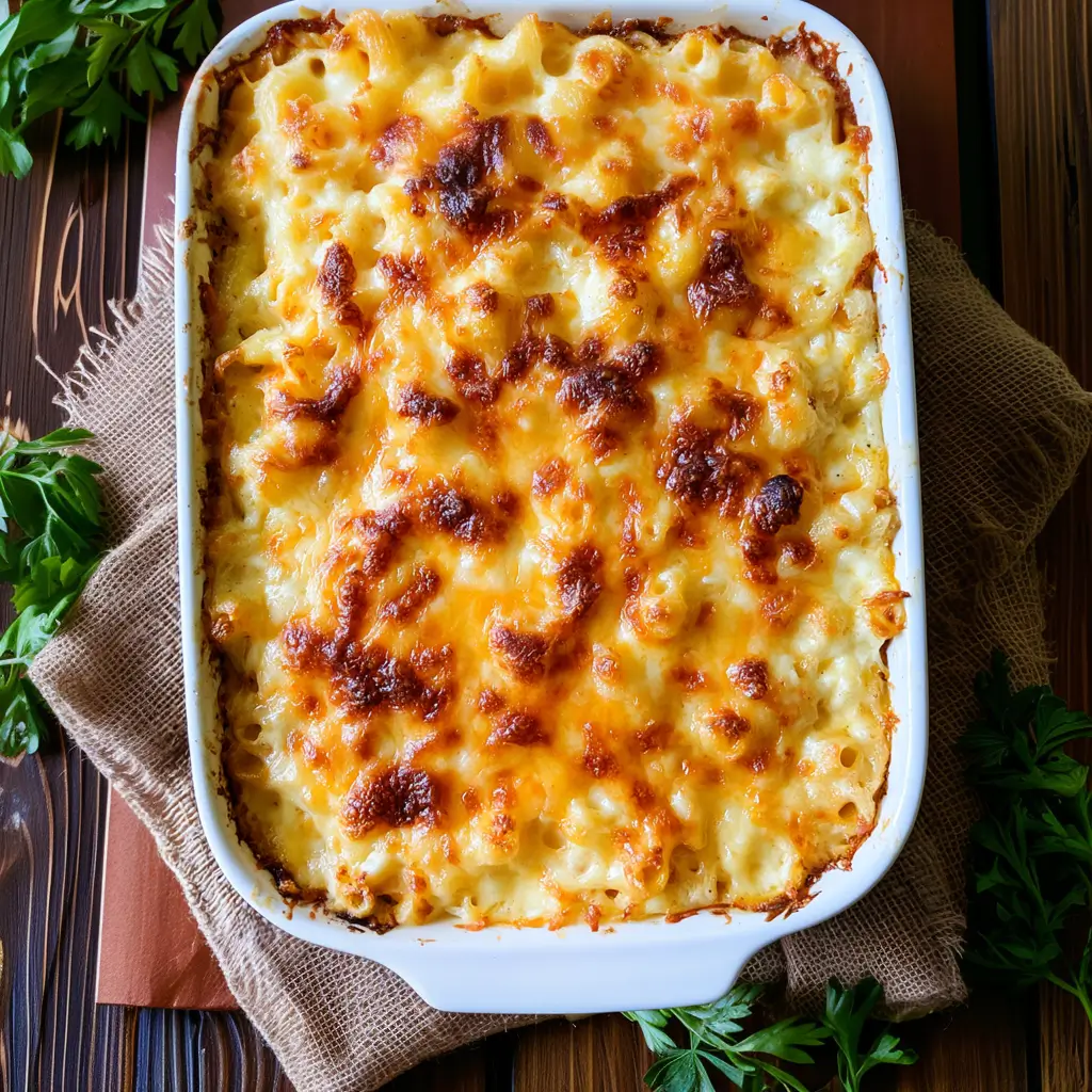 Deliciously creamy Baked Macaroni and Cheese topped with a crunchy Panko-Parmesan layer.