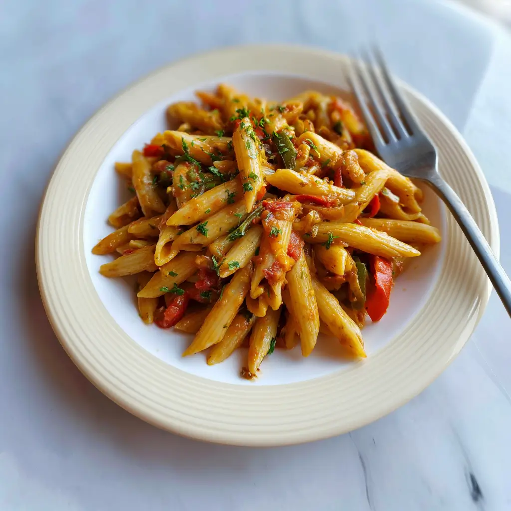 Creamy Rasta Pasta with Caribbean jerk chicken and colorful bell peppers