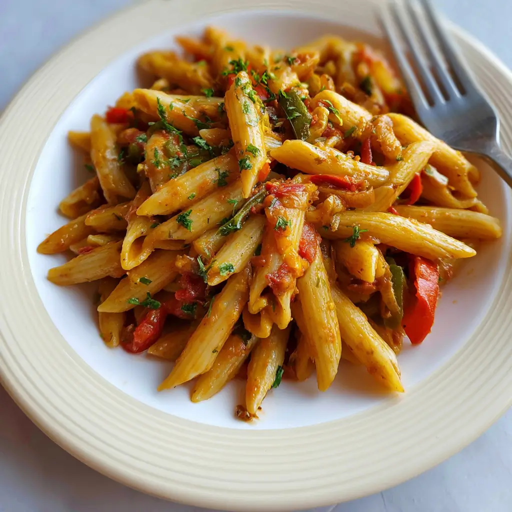 Creamy Rasta Pasta with Caribbean jerk chicken and colorful bell peppers