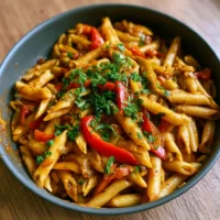 Creamy Rasta Pasta with Caribbean jerk chicken and colorful bell peppers