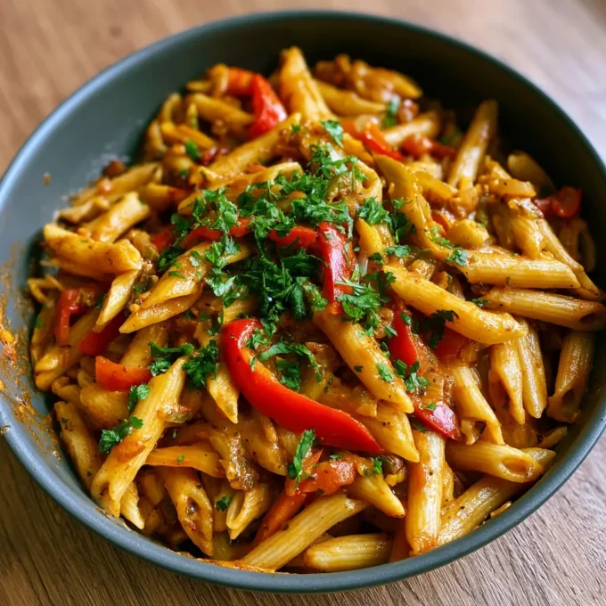 Creamy Rasta Pasta with Caribbean jerk chicken and colorful bell peppers
