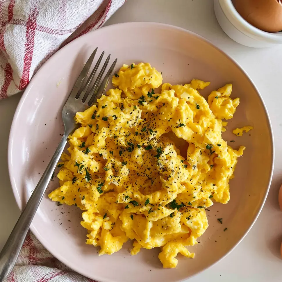 Fluffy creamy scrambled eggs served on a plate, topped with fresh herbs.
