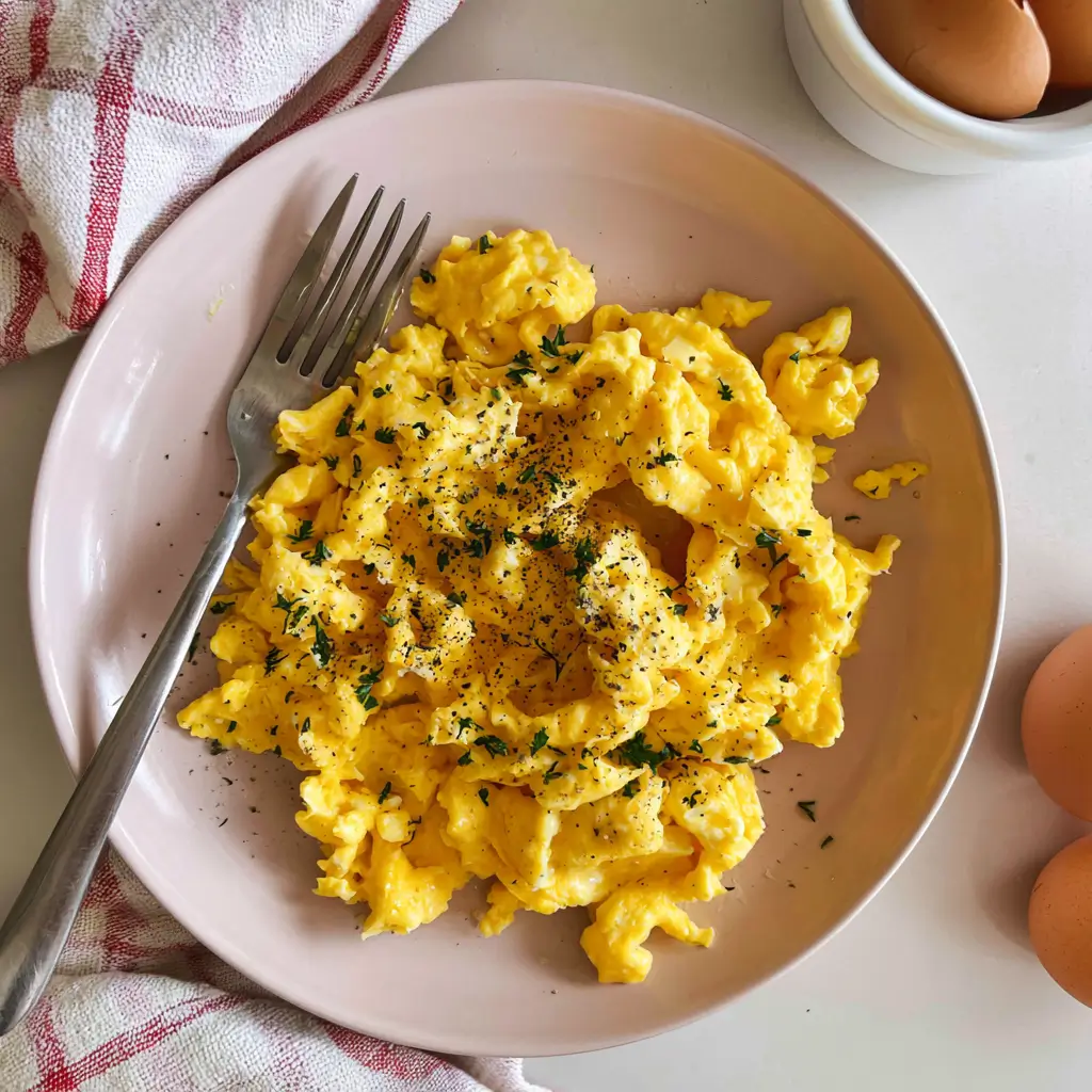 Fluffy creamy scrambled eggs served on a plate, topped with fresh herbs.