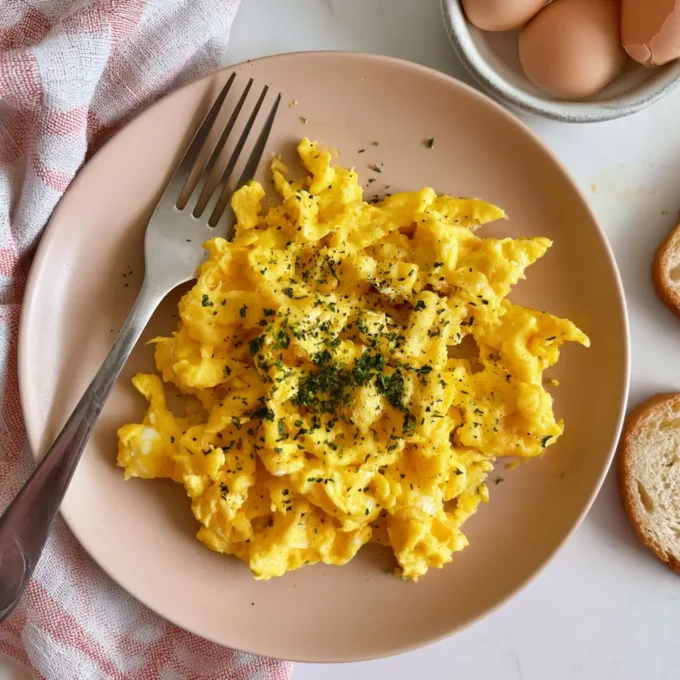 Fluffy creamy scrambled eggs served on a plate, topped with fresh herbs.