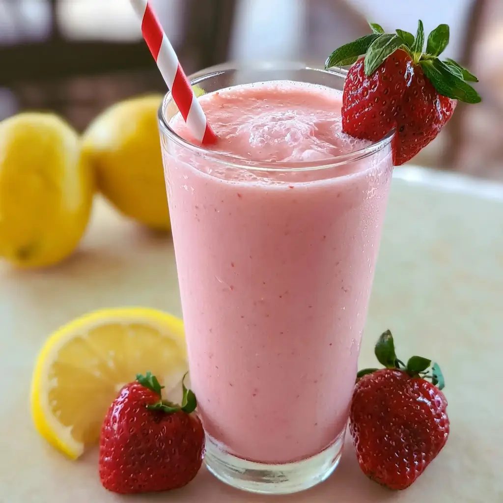 A refreshing glass of creamy strawberry lemonade with strawberries and lemon slices.
