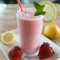 A refreshing glass of creamy strawberry lemonade with strawberries and lemon slices.