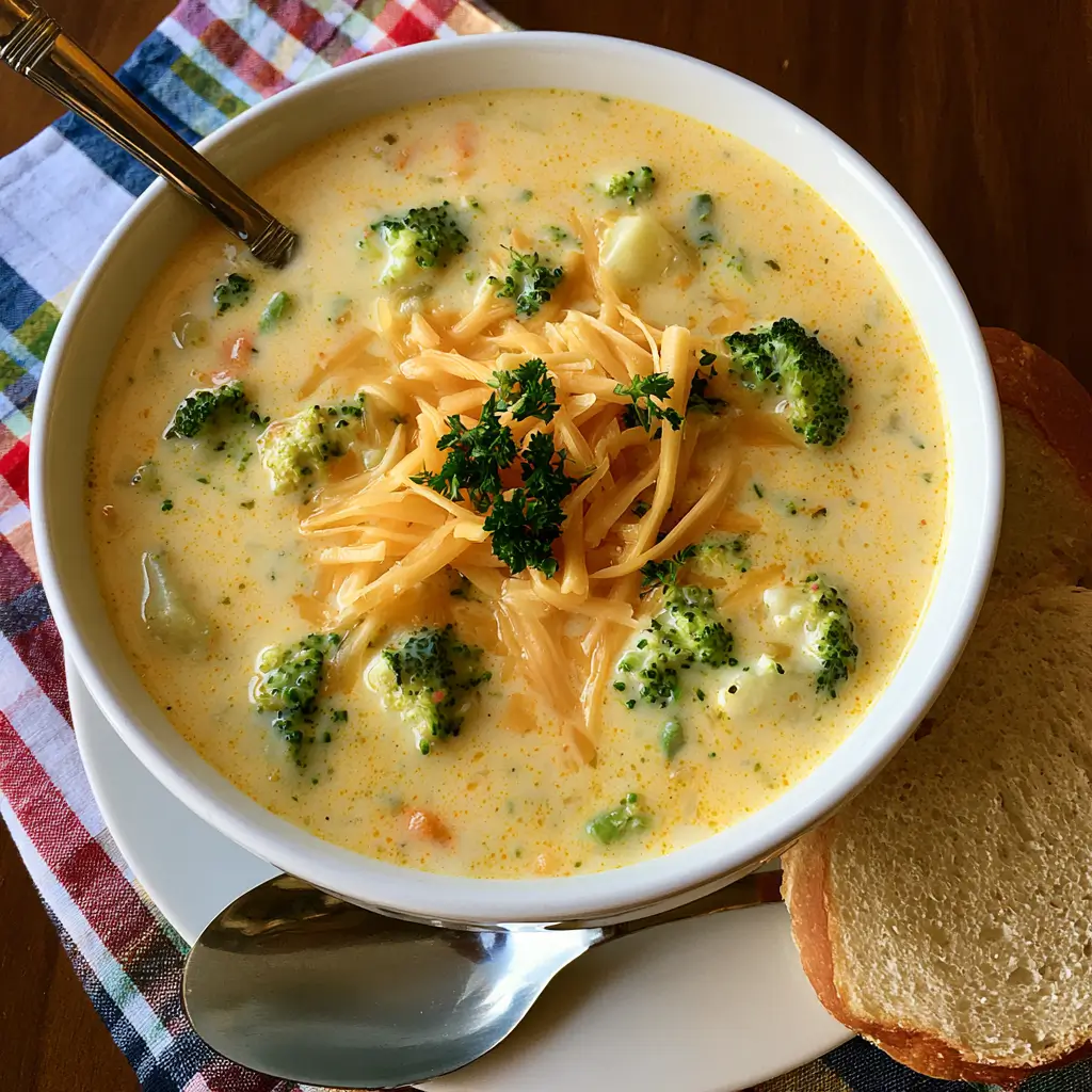 Bowl of creamy Crockpot Potato Broccoli Cheddar Soup with vegetables and cheese