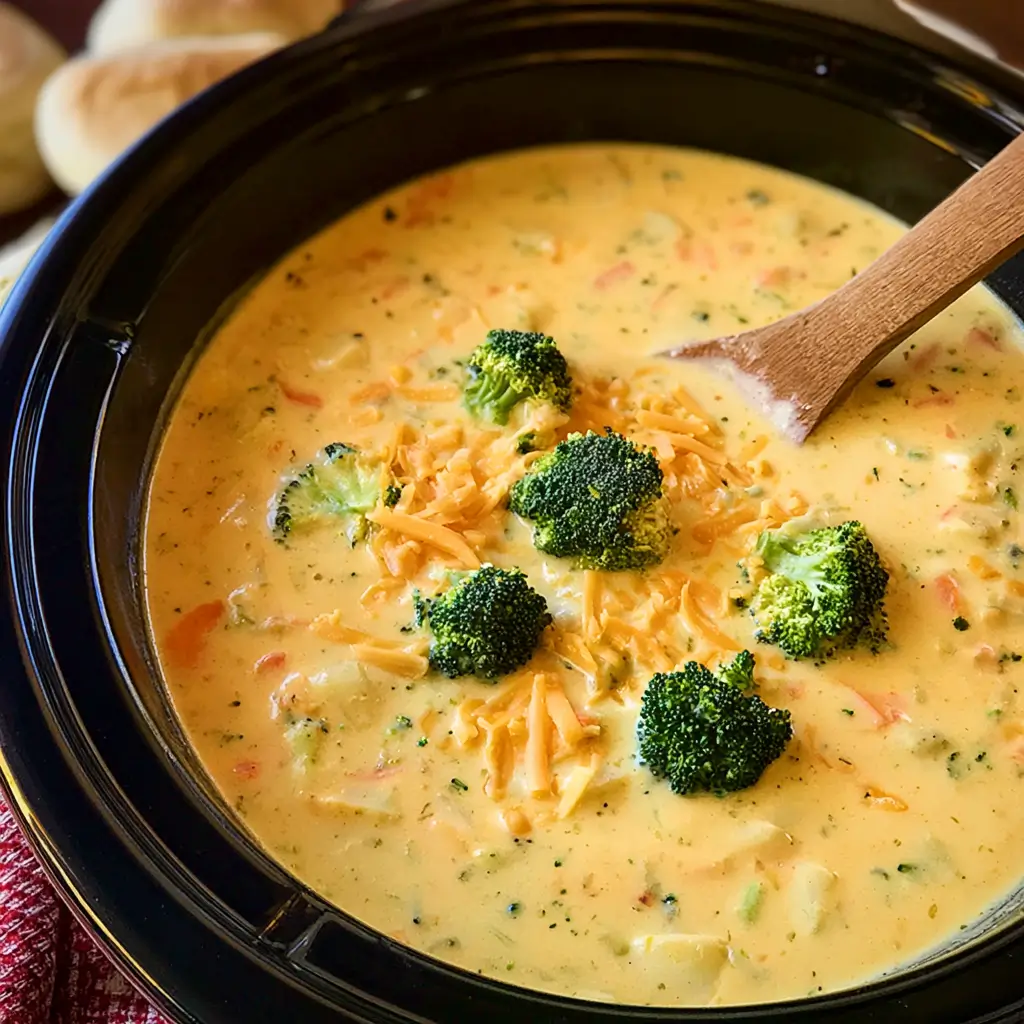 Bowl of creamy Crockpot Potato Broccoli Cheddar Soup with vegetables and cheese