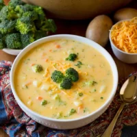 Bowl of creamy Crockpot Potato Broccoli Cheddar Soup with vegetables and cheese