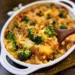 Delicious French Onion Broccoli Cheese Casserole topped with crispy fried onions.