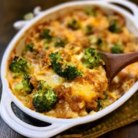 Delicious French Onion Broccoli Cheese Casserole topped with crispy fried onions.