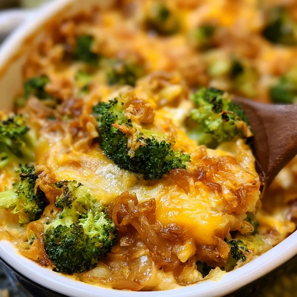 Delicious French Onion Broccoli Cheese Casserole topped with crispy fried onions.