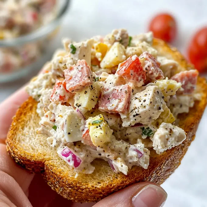 A bowl of Italian Grinder Chicken Salad with shredded chicken, salami, and vegetables.