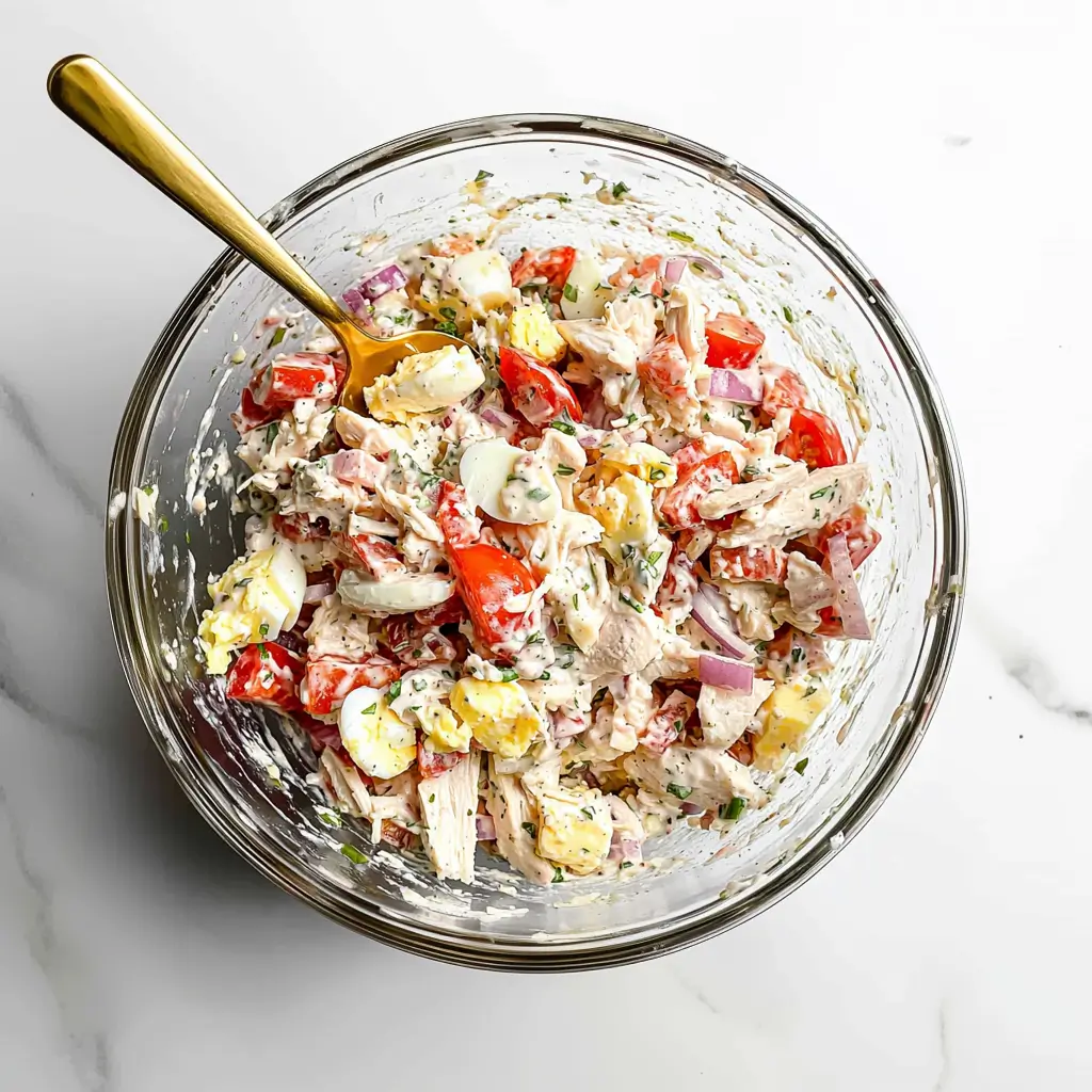 A bowl of Italian Grinder Chicken Salad with shredded chicken, salami, and vegetables.