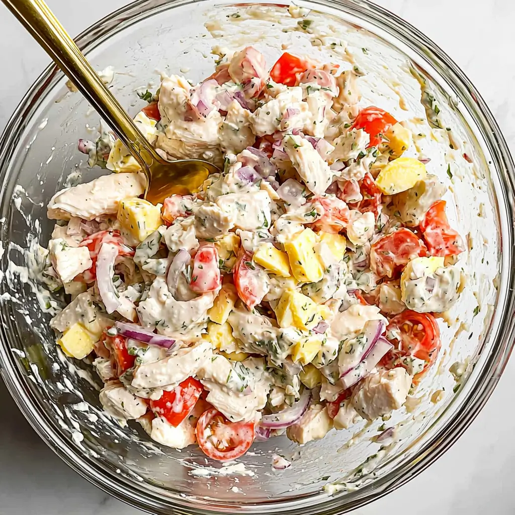 A bowl of Italian Grinder Chicken Salad with shredded chicken, salami, and vegetables.