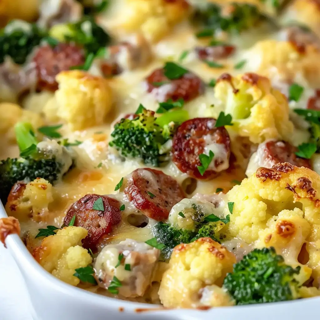 Keto Broccoli and Cauliflower Au Gratin With Sausage served in a dish