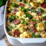 Keto Broccoli and Cauliflower Au Gratin With Sausage served in a dish