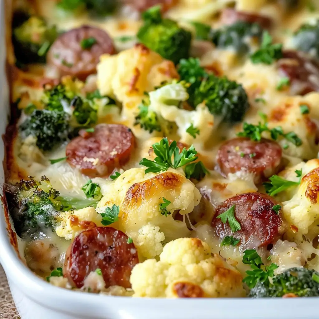 Keto Broccoli and Cauliflower Au Gratin With Sausage served in a dish