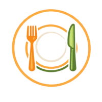 Main dishes recipes icon featuring a dinner plate with fork and knife in orange and green colors