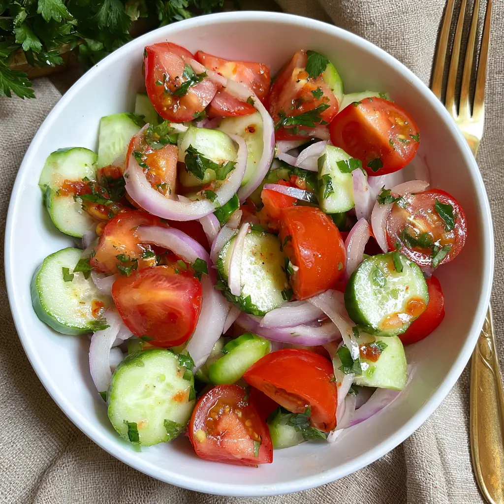 Marinated Cucumber, Tomato, and Onion Salad served in a bowl