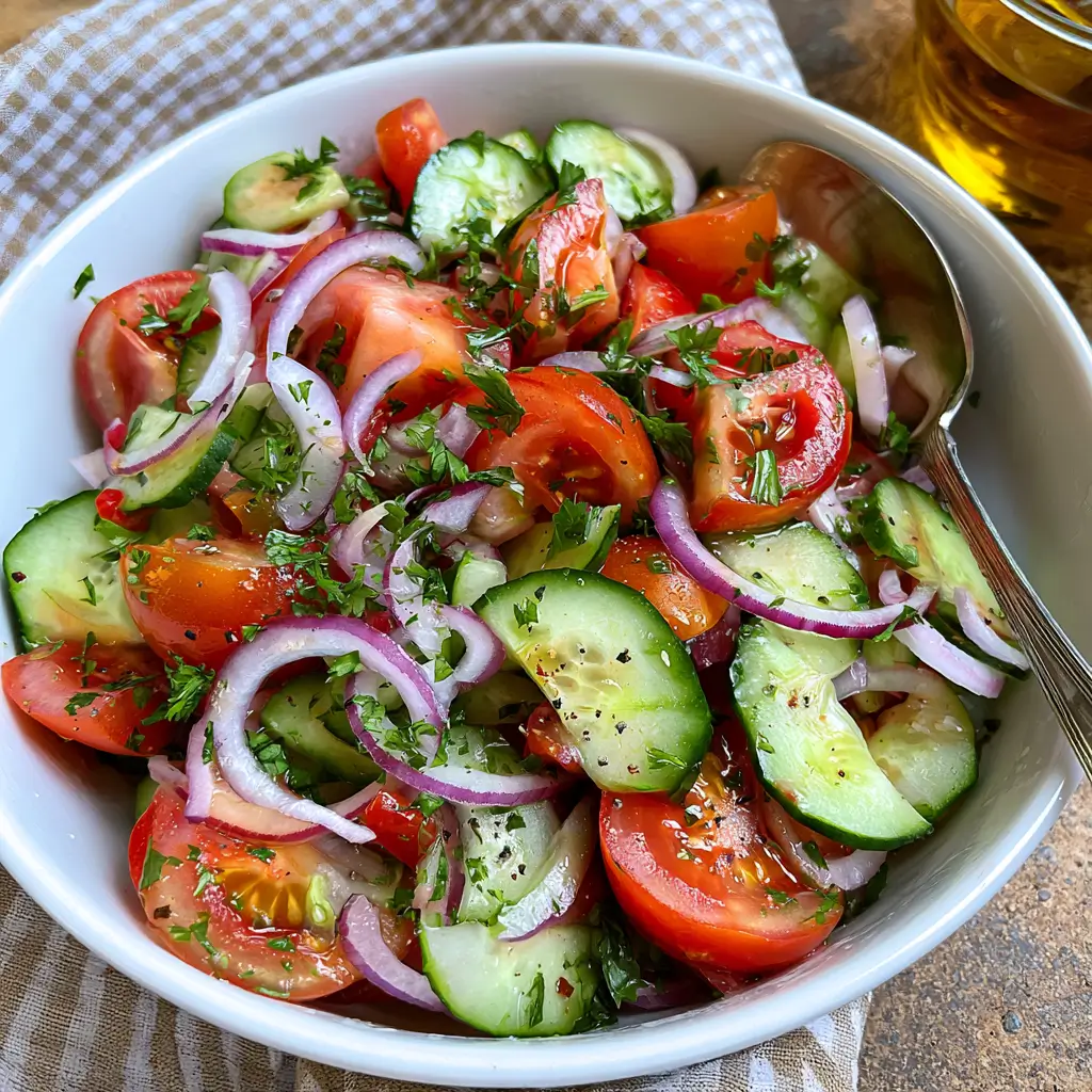 Marinated Cucumber, Tomato, and Onion Salad served in a bowl