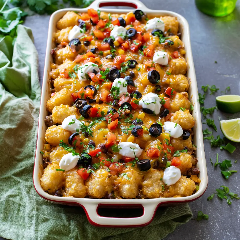 Delicious Mexican Tater Tot Casserole topped with crispy tater tots and cheese.