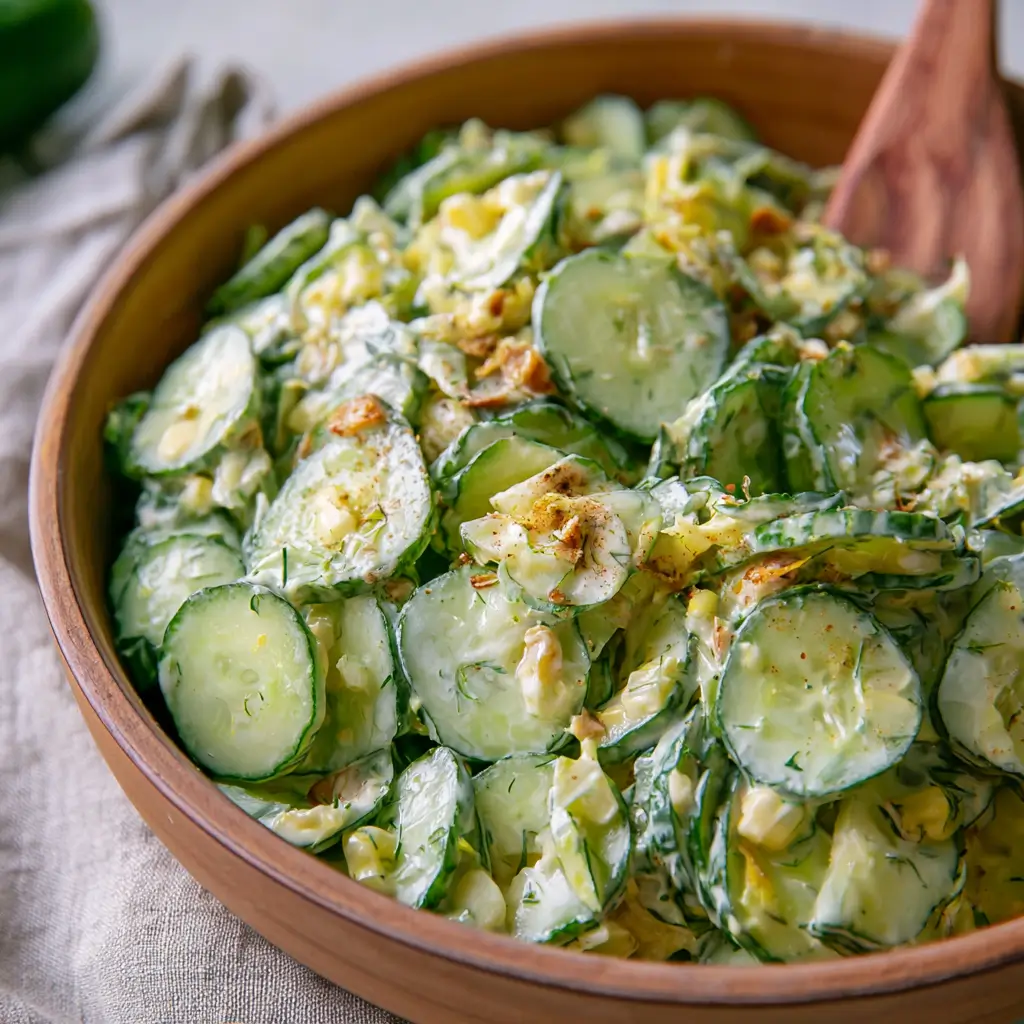Crispy and creamy Million Dollar Cucumber Salad with bacon, cheddar, and green onion.